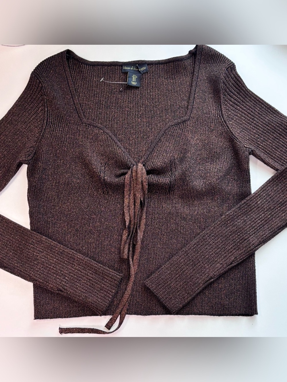 House of Harlow 1960 Metallic Bronze Tie Front Ribbed Sweater Top REVOLVE Large - Picture 4 of 13